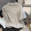 2 szt./zestaw Damski letni zestaw: top i szorty, zapięcie na guziki, wykładany kołnierzyk, krótkie rękawy, styl preppy, T-shirt, elastyczny pas, luźny, boczna kieszeń