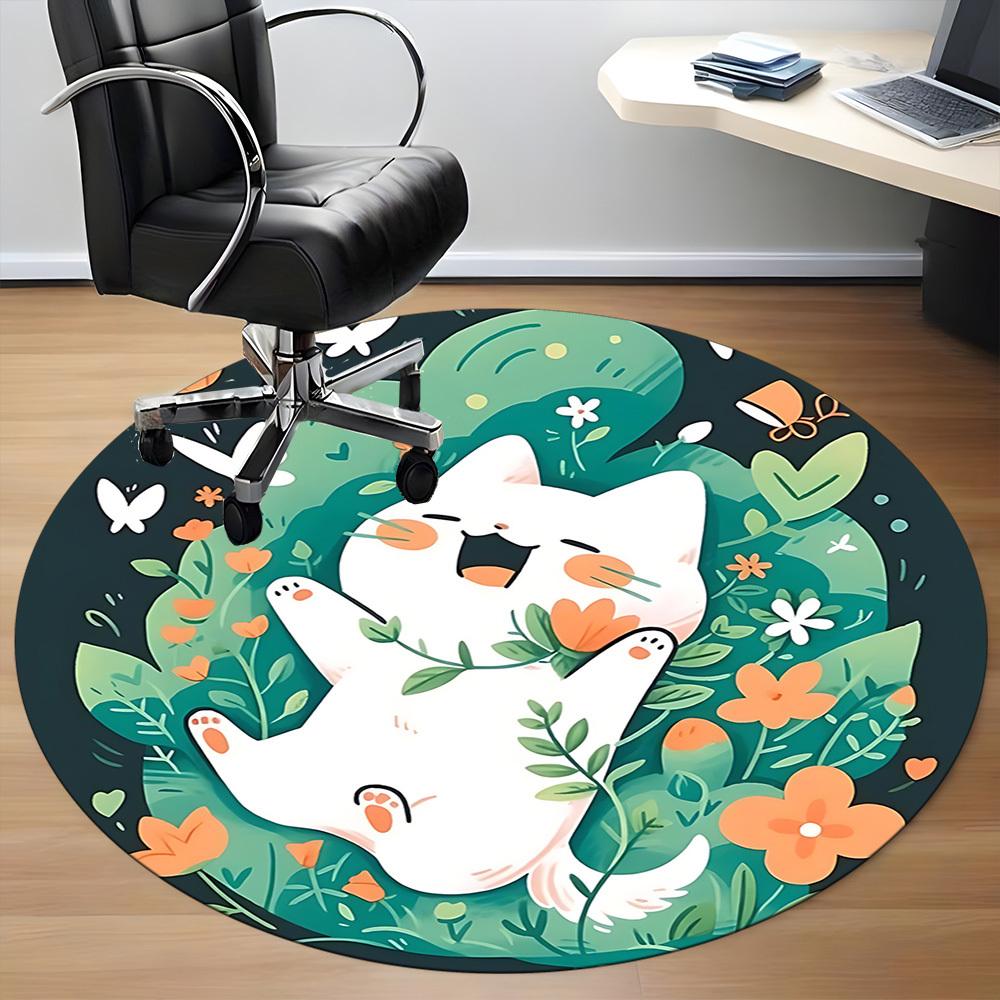1pc Floral Cat Office Round Area Rug, Indoor Mat Suitable For Office, Under Office Chairs Bedroom Living Room Home Decor177