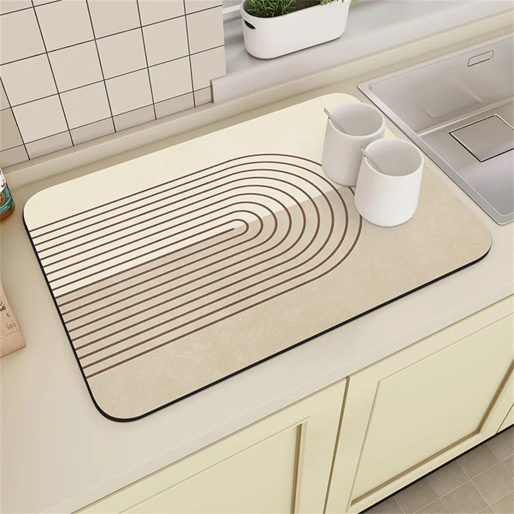 Coffee Machine Drain Mat Kitchen Countertop Cup Absorbent Mat Cream Lines Simple Table Diatomaceous Washable Dry Non-slip Mat