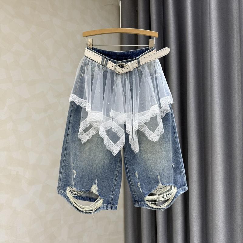 High waist retro wide leg jeans women s summer new black mesh design leather curtain ripped straight cropped pants S
