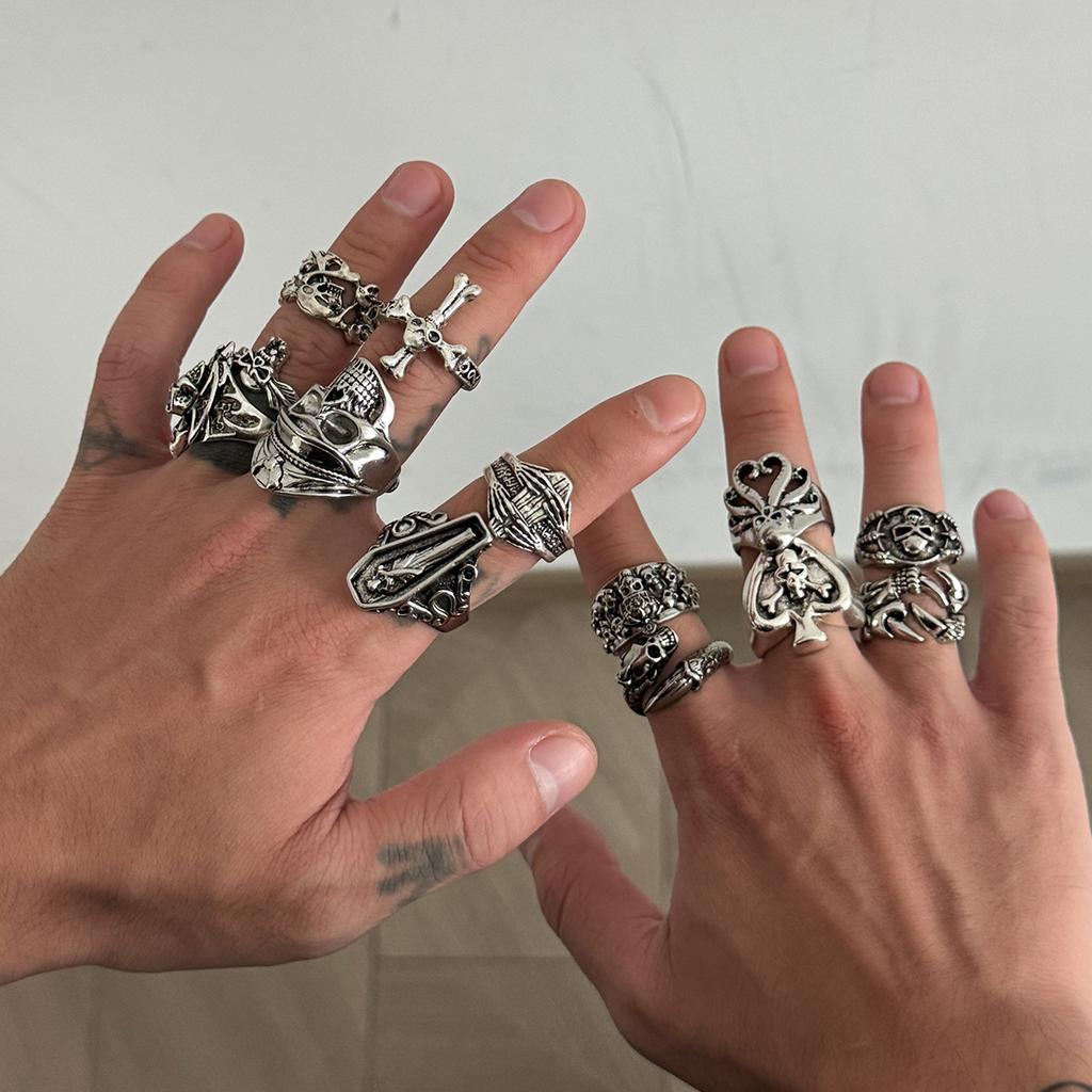 Exaggerated Skull Cross Ring Men's Hip Hop Niche Punk Ring Set Men's Vintage Jewelry