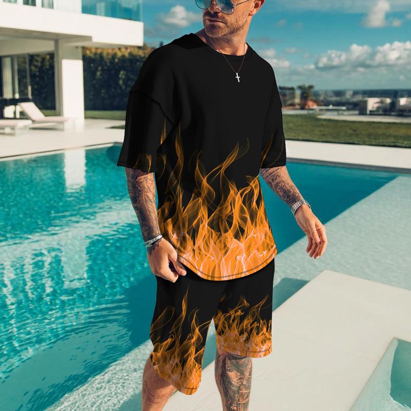 Männer Sets Kausalen Rundhals Flamme Drucken T-shirt Shorts Sport Lauf Anzug männer Shirts Trainingsanzüge Kurzarm Sportswear Mann