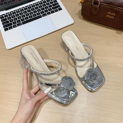 French Style Chunky Heel Rhinestone Slippers Women's Outdoor Summer Fairy Atmosphere Cool Slippers Korean Version Rubber Sole