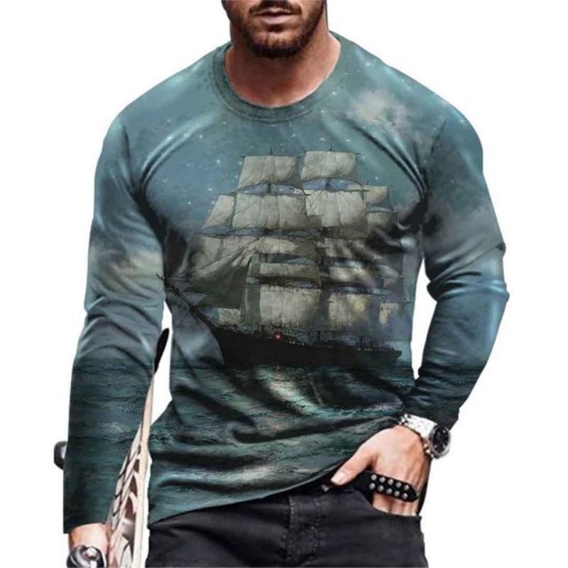 Vintage Men's Long Sleeve T Shirt 3D Navigation Sailing Ship Print Shirt Graphic T Shirt Clothing Sleeve Tops Men Streetwear