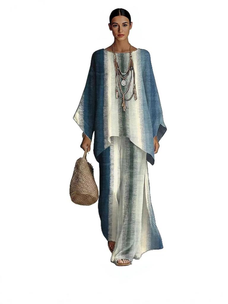 New round neck bat sleeve printed loose set bohemian lazy casual two-piece set