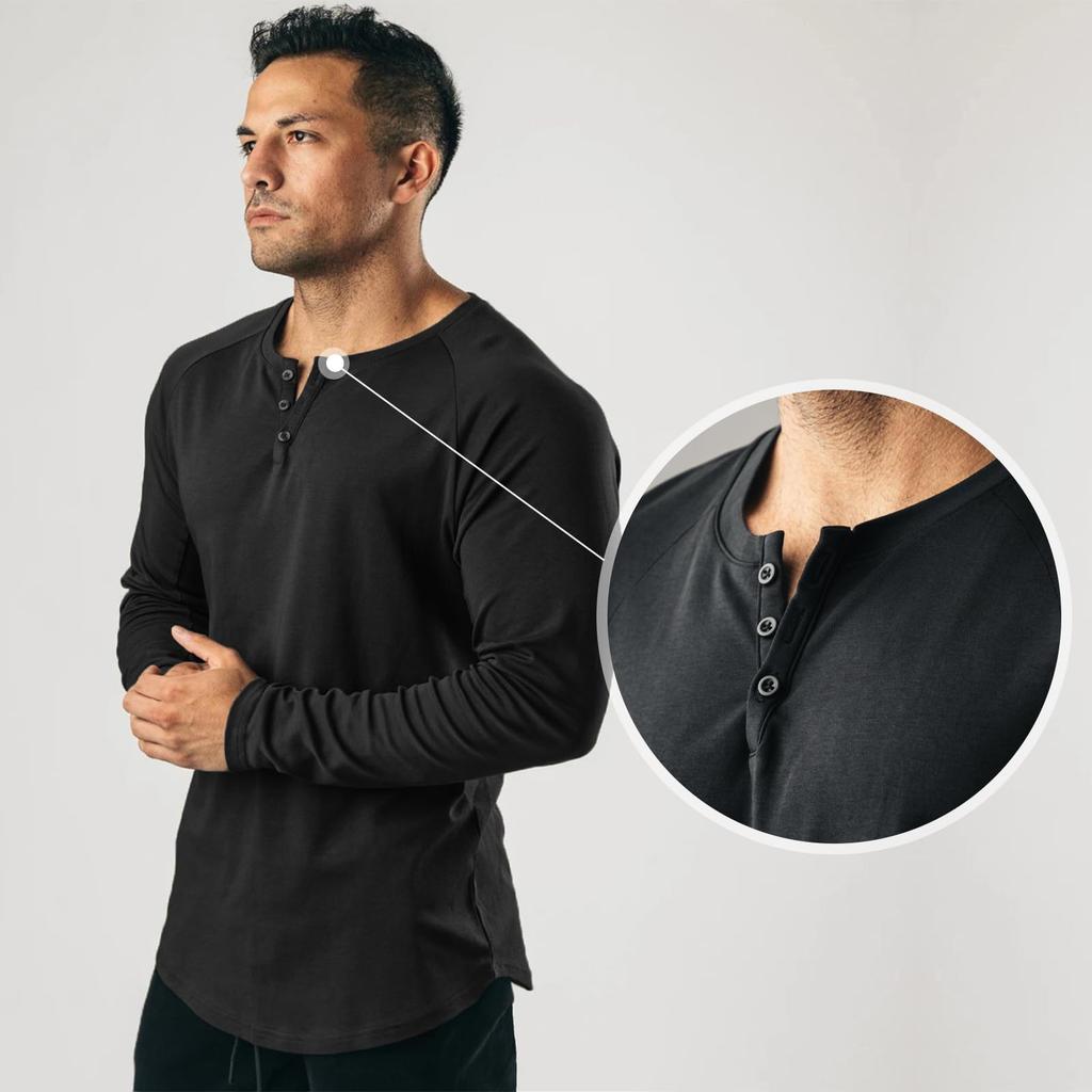 Manatsulife Long Sleeve Raglan Henley Round Solid CX3 Men's T-Shirt, Sleeves, Neck, Button-Down, Neck, Golf, Layering, Color, Commuting, Fitness,