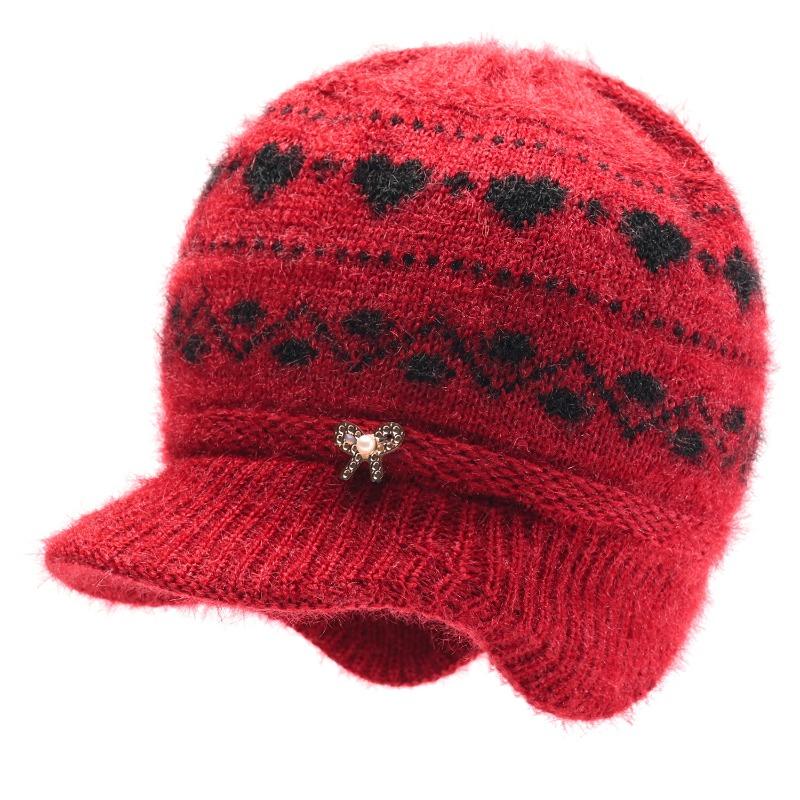 Winter Hat Female Old Lady Knitted Wool Hat Piled Thickened Warm and Cold Ear Hat