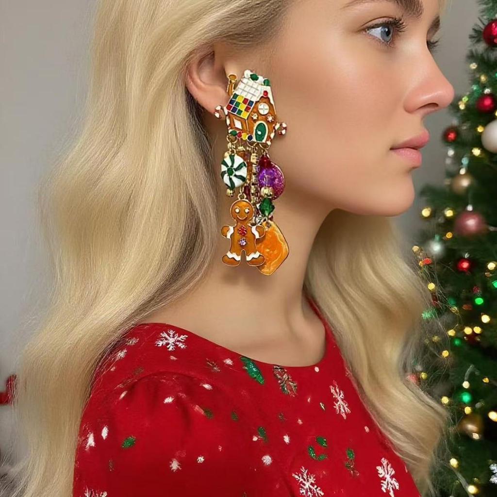 Colorful Christmas Earrings: Cartoon Little Man, Holiday House & Candy Pendants