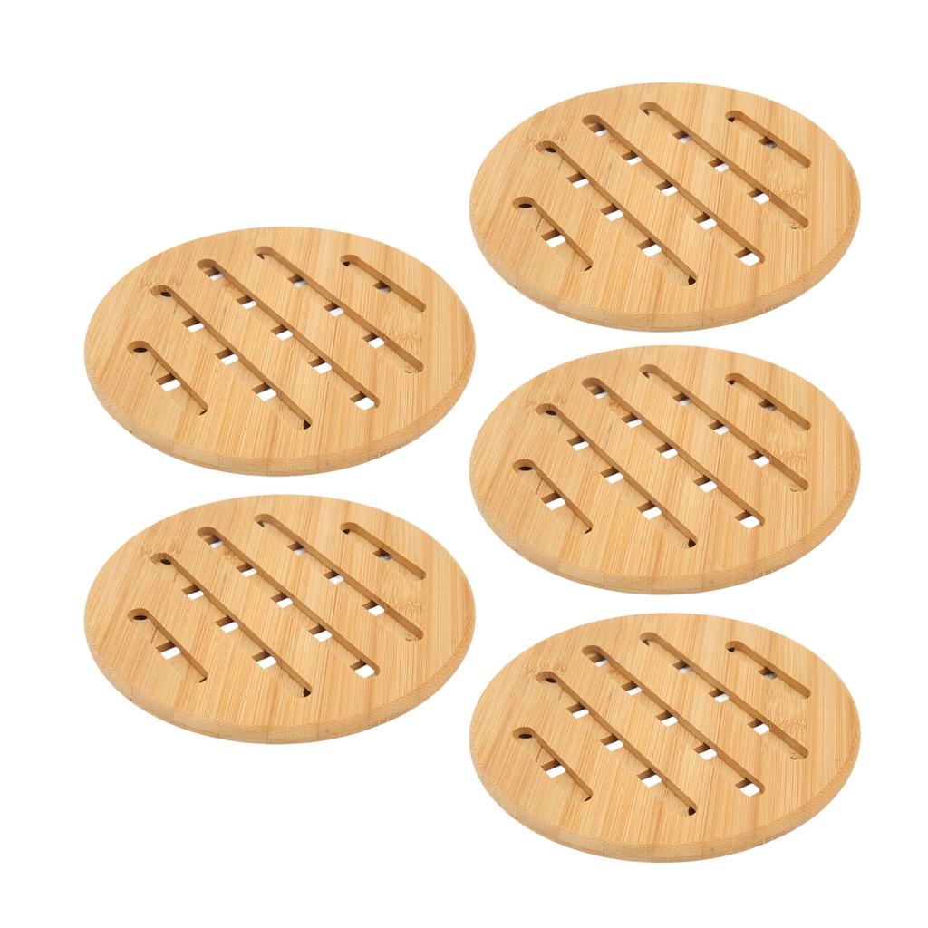 5 Pcs Bamboo Hot Pad Table Mat Bamboo Trivet Pot Mat Heat Resistance for Hot Dishes Pot Bowl Teapot Round 18CM