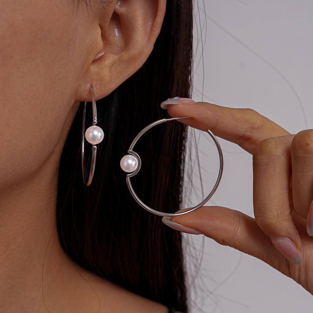 18k real gold electroplated imitation pearl geometric round silver needle earrings simple earrings