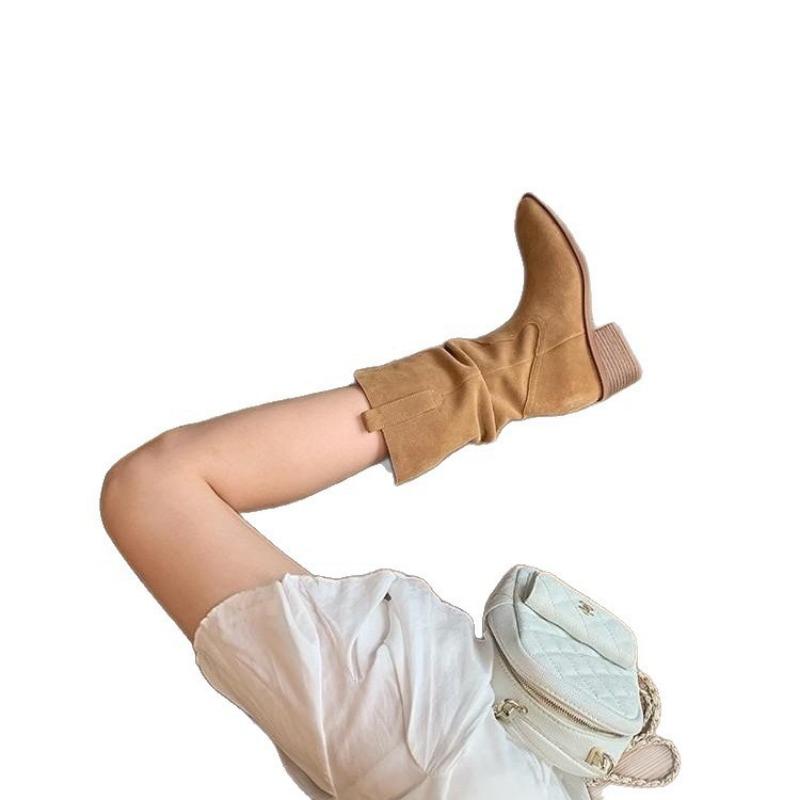 Autumn and winter retro western cowboy boots women's height increase in autumn and winter thick heel mouth medium tube versatile and thin pile