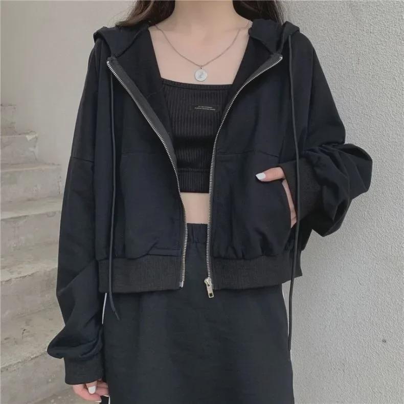 Korean Autumn Womens Hooded Zip Cardigan Thin Solid Color Long Sleeve