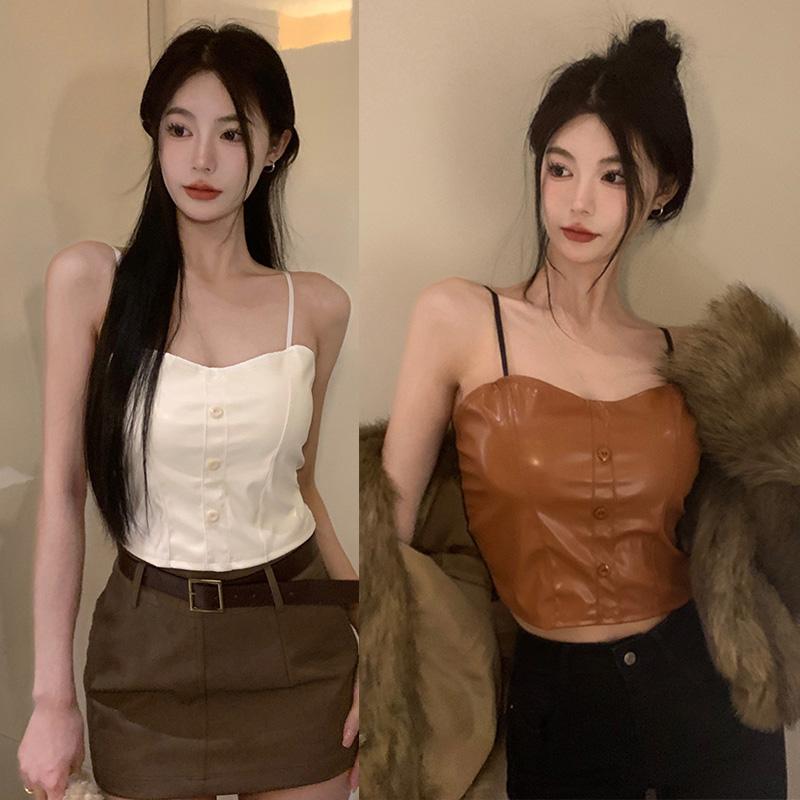 

Женская однотонная майка без рукавов из искусственной кожи с камзолом