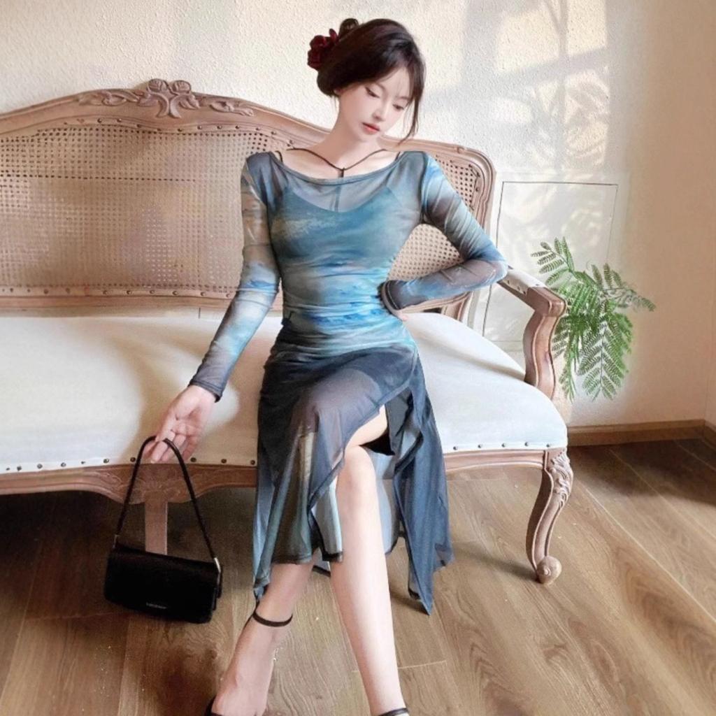 Retro high-end feeling early spring celebrity royal sister style unique and beautiful smudged mesh dress two-piece set