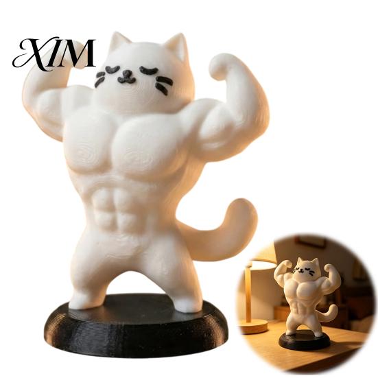 Office Desk Accessories 3D Printed Muscle Cat Figurine, Funny Strong Animal Ornament for Desktop Decoration Home Office, Creative Sculpture with Base,
