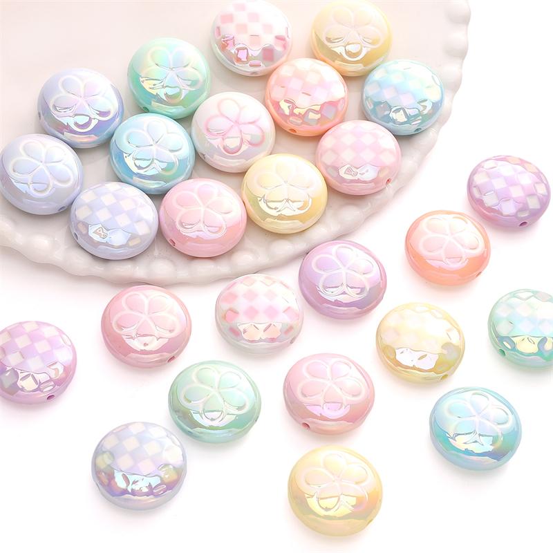 2pcs [25mm] Flat Round Acrylic Beads Plaid Flower Flat Beads For Jewelry Making DIY Pendant Keychain Crafts Findings