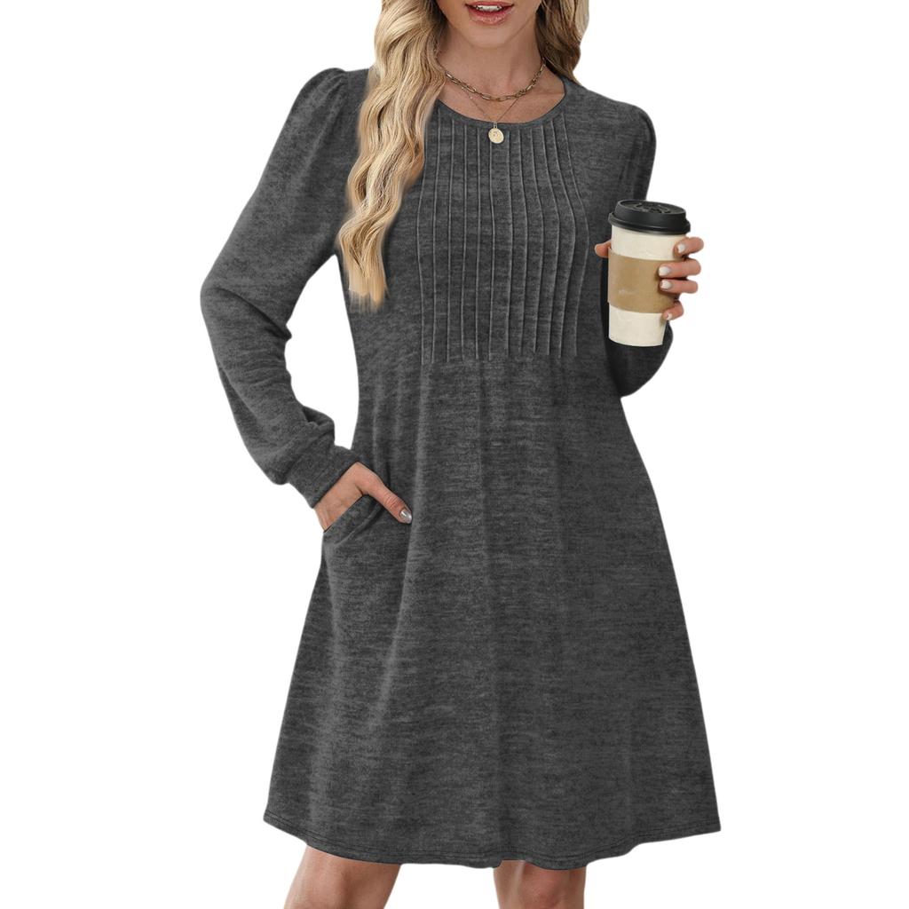 Women's Long Sleeve Pleated Round Neck Solid Color Casual Dress With Pockets