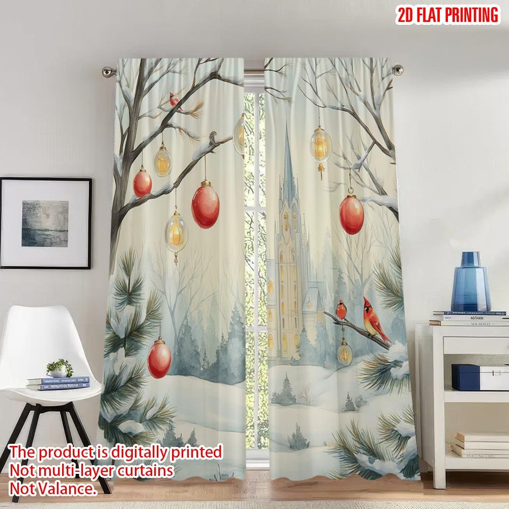 

2pcs 2D flat printing Fashionable Christmas curtains Christmas Ornament Tree Lanterns Snow Digital Printed Polyester Drapes 100*130 Grommet Top 1pcs