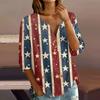 Women's Casual Henley Button Neck Shirt Three Quarter Sleeve Cotton Linen Blend Independence Day Print Top