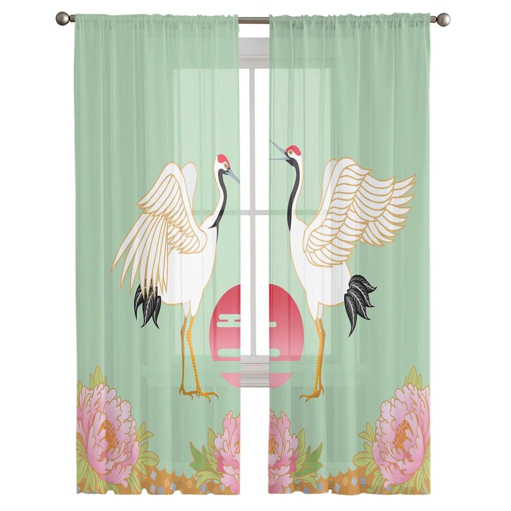 Crane Flower Sun Tulle Curtains for Living Room Bedroom Sheer Curtain for Balcony Hall Fashion Printed Home Drapes