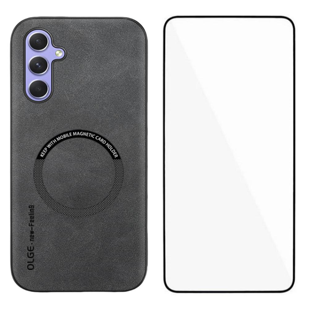 WANLONFENG YBP Series For Samsung Galaxy A55 5G Magnetic Case with Tempered Glass Film PU Leather+TPU Phone Cover Large Cutout