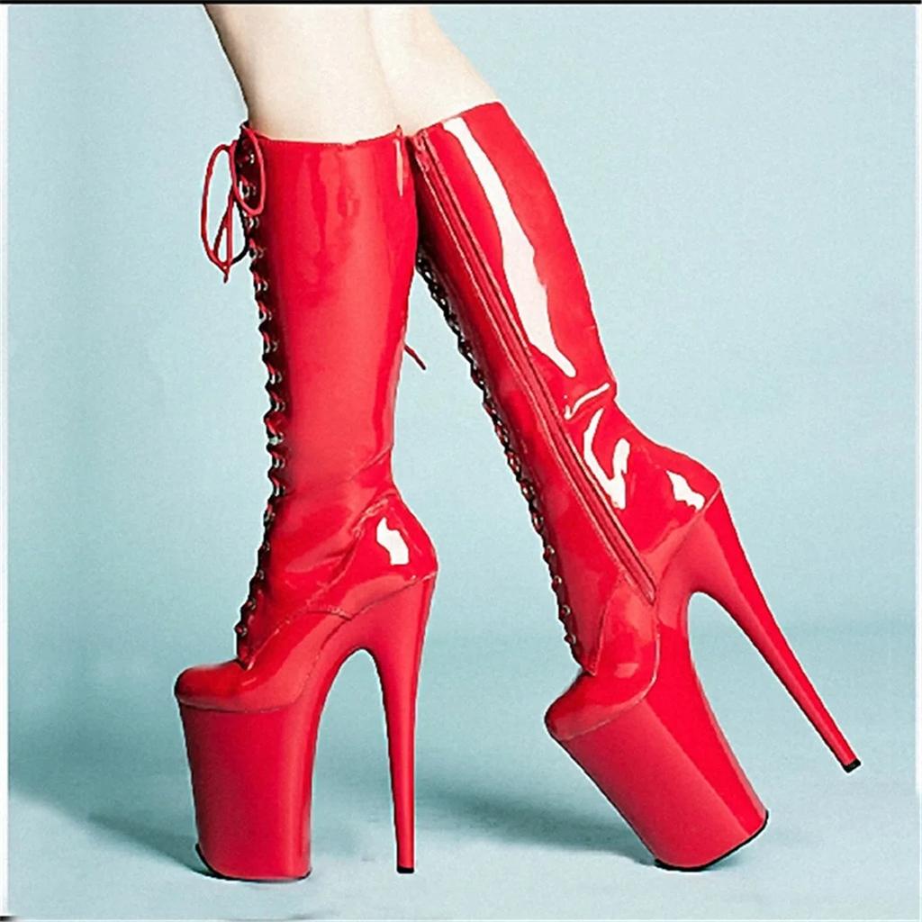 Fashion Europe America 20cm front lace up thin heel high-heeled boots patent leather high-heeled boots steel pipe dance shoes glue pipe