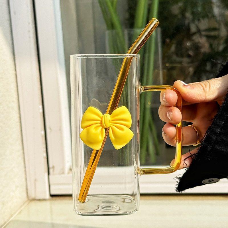Nespresso Iced Coffee Cup with Straw Cute Bow Cup Glass Mug for Summer Drinks Water Tumbler with Handle Home Drinkware Gift
