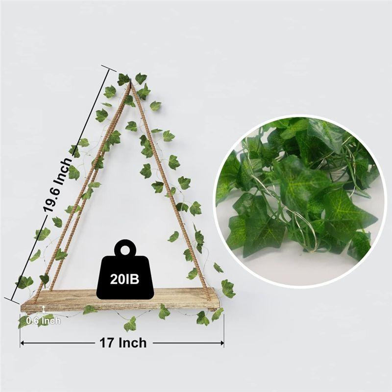 A20F-Simulated Green Plant LED Light Wooden Wall Hanging, Macrame Shelf For Bedroom Living Room Kitchen