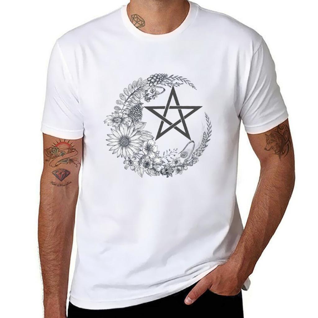 Pentagram with Flower Moon TShirt Fashion Casual Short Sleeve TShirt