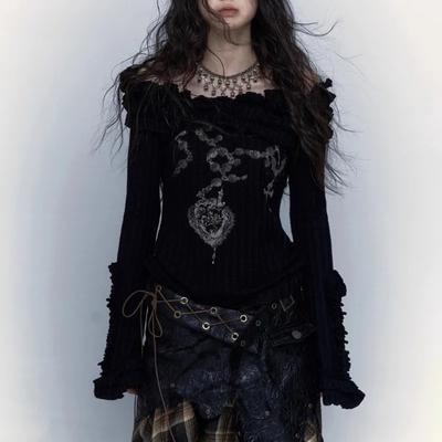 Grunge Aesthetics Knitted Tops Vintage Off Shoulder Tattoo Print T-shirt Wasteland Punk Black Ribbed Tee Shirt Gothic