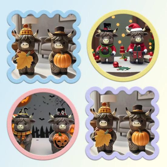 2 Pcs Highland Cow Figurine Autumn Pumpkin Maple Highland Cow Statue Resin Scottish