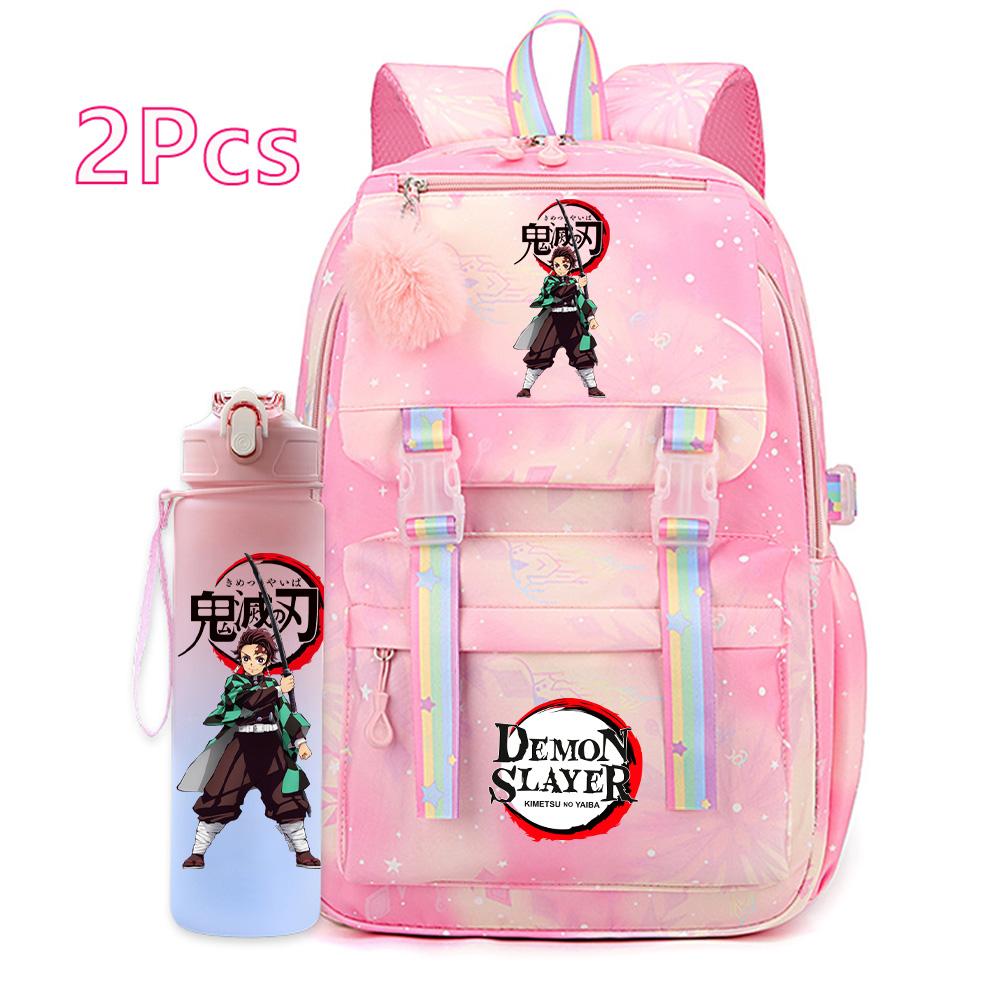 2Pcs/set Cartoon Demon Slayer Printed Backpack with 750Ml Water Bottler for Teenager Bookbag Large Capacity Waterproof Travel Bag