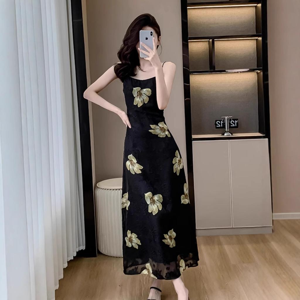 Floral skirt suspender dress chiffon skirt slim waist and thin temperament long dress female summer
