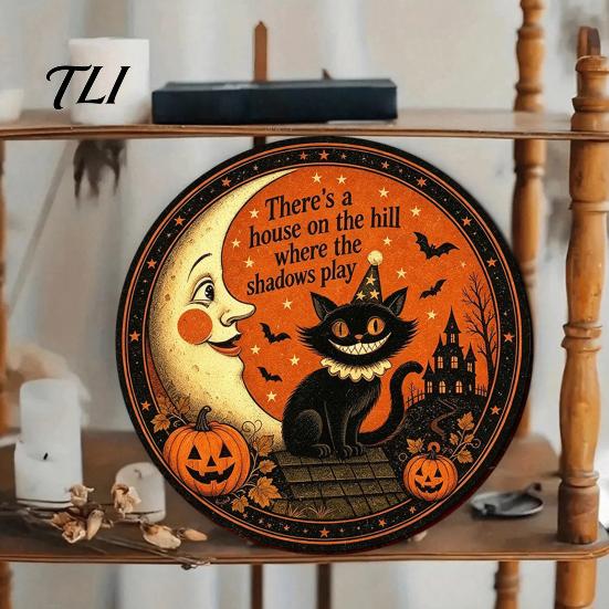 Wall Mounted Metal Decor Retro Halloween Sign, Round Decorative Vintage Festive Home Ornament Rustic Art for Living Room Party Decoration Durable Iron