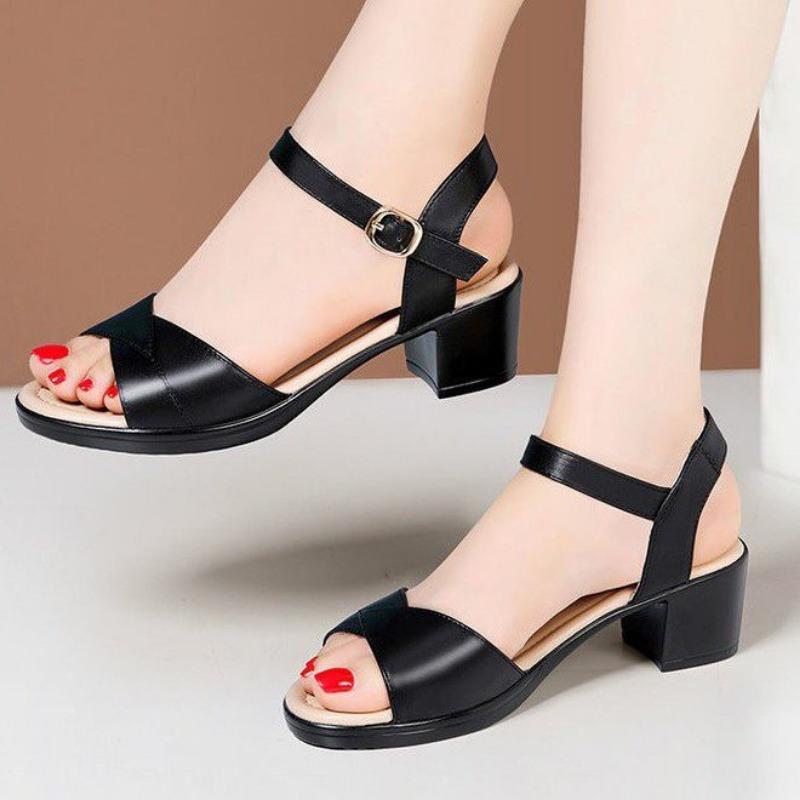 

Thick heel summer new versatile one-word buckle strap medium women s sandals high heel sandals fish mouth sandals women 40 чёрный