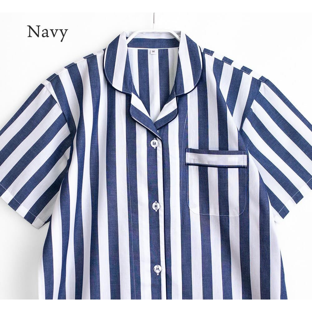 Cotton Pajama Soft and Short Size Summer Women's 100% Set, Comfortable, Sleeve, Striped, Breathable, Navy, M,