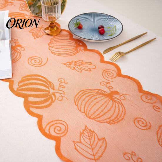 Halloween Pumpkin Table Runner Fall Decorations, Maples Leaves Lace Orange Seasonal Dining Room Tablecloth Runner, Autumn Harvest Thanksgiving