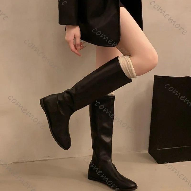 Boots for Women Quality Soft Leather Boots Side Zip Knee High Boots Fashion Suede Casual Flat Bottom Booties Lady Slim Long Boot
