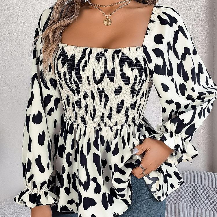 Women Long Sleeve Leopard Print Chiffon Blouse Streetwear Top Square Neck Tee Ladies T Shirt