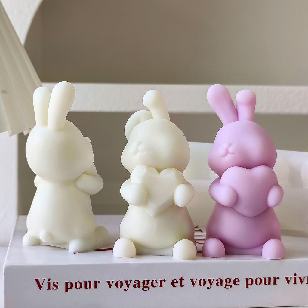 3D Valentine's Day Cartoon Bunny Candle Mold DIY Holding Heart Rabbit Handmade Aroma Candle Plaster Ornament Molds