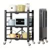 3 Tier Black Foldable Storage Shelf with Wheels Folding Metal Rack Shelving Unit Organizer for Pantry, Kitchen, Garage, Basement