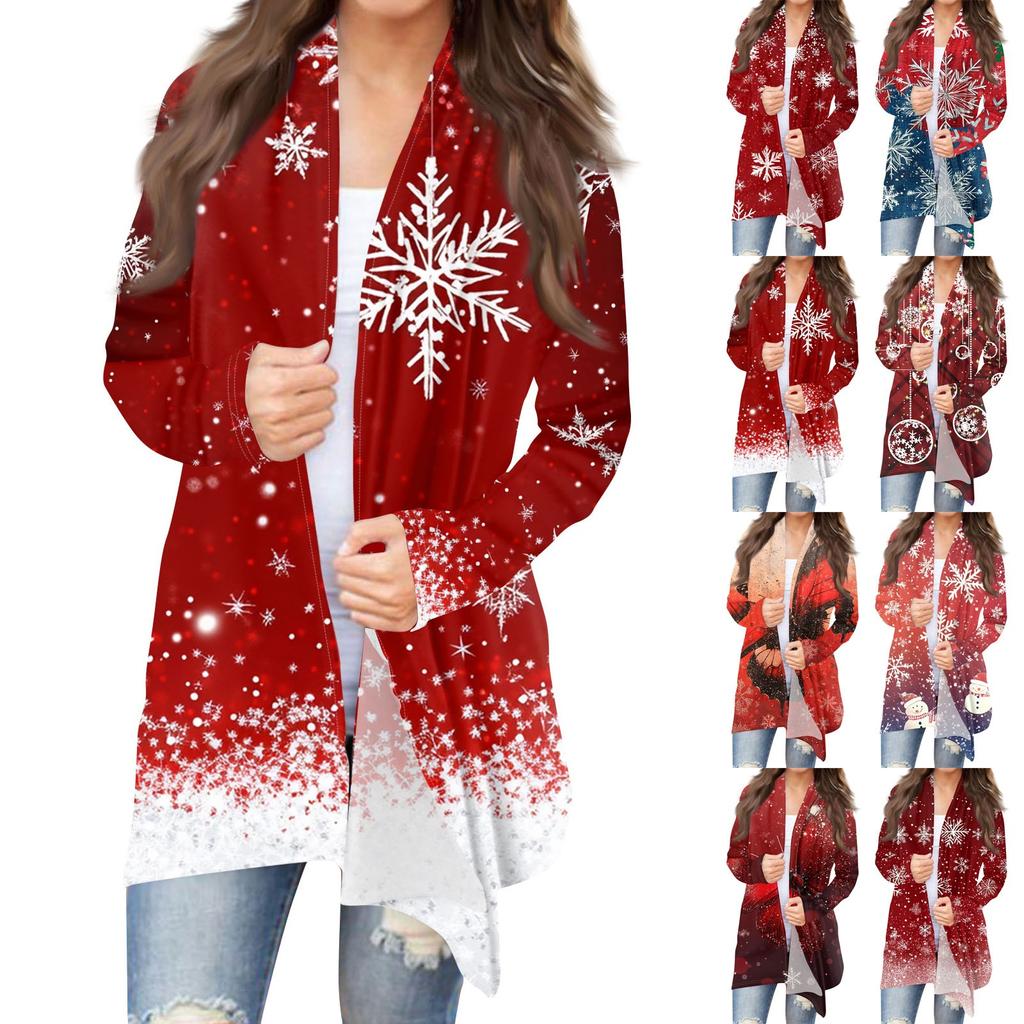 Dame Mote Casual Jul Print Medium Lengde Cardigan Jakke Kåpe