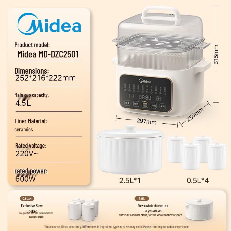 Электрическая мультиварка-пароварка Midea 4,5 л с 5 керамическими горшочками, штекер CN (адаптер в комплекте)