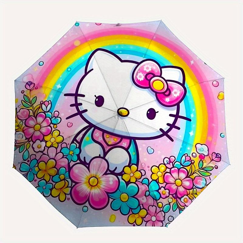 Hello Kitty, Rainbow Automatic Open/Close Umbrella Cute Umbrella with Cute Design, Portable 3 Fold Compact Umbrella for Men & Women, Hallowe