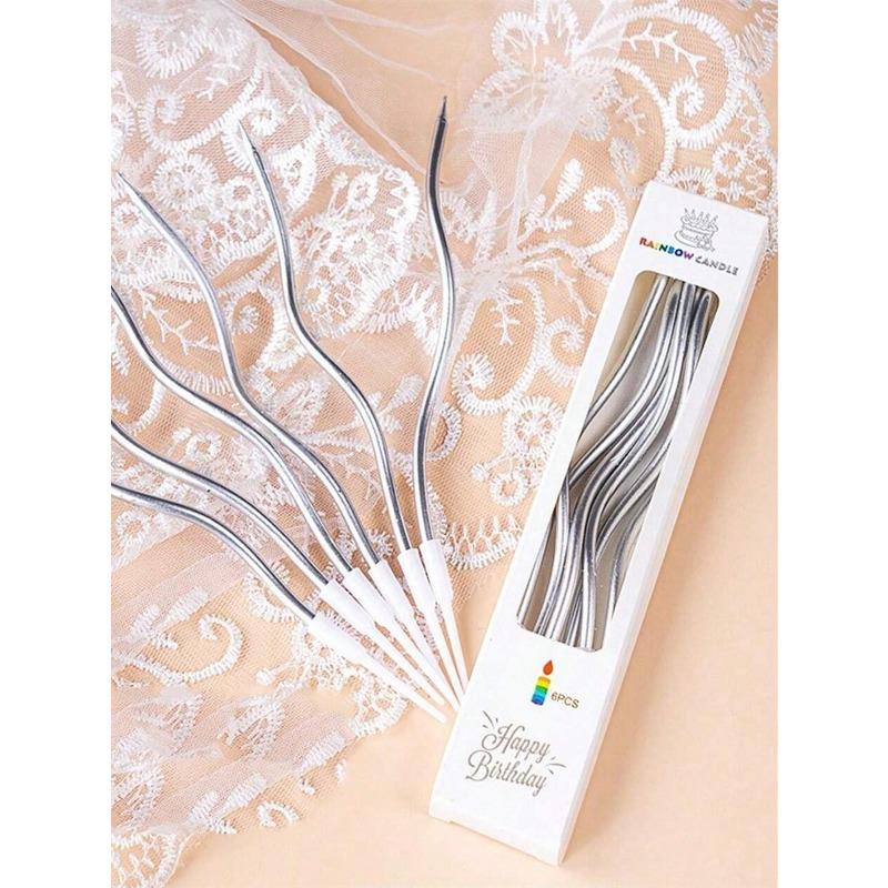 Birthday Cake Candles, 6pcs/Box, Cake Decoration, Spiral Candles, Curve Candles, Gold Candles, Silver Candles, Twisted Candles Silver-6 Pieces (1 Box) разноцветный