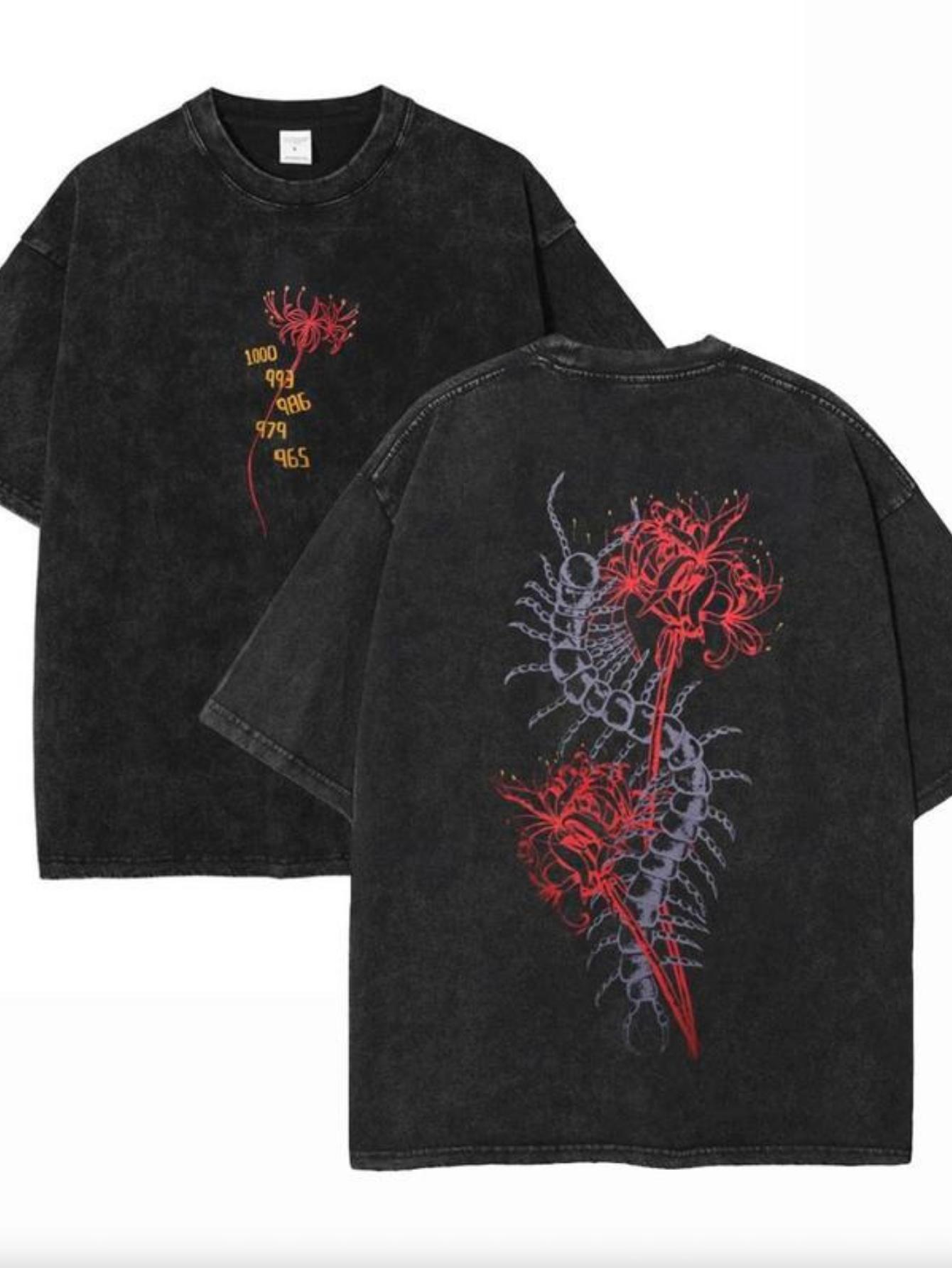 Unisexs washed streetwear brand pure cotton Tshirt with red and purple floral  Suitable for all seasons couples streetwear shirt L
