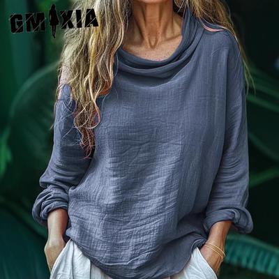 Pullover a manica lunga da donna casual, sciolto, alla moda, tinta unita, con colletto alto a costine, top plissettato