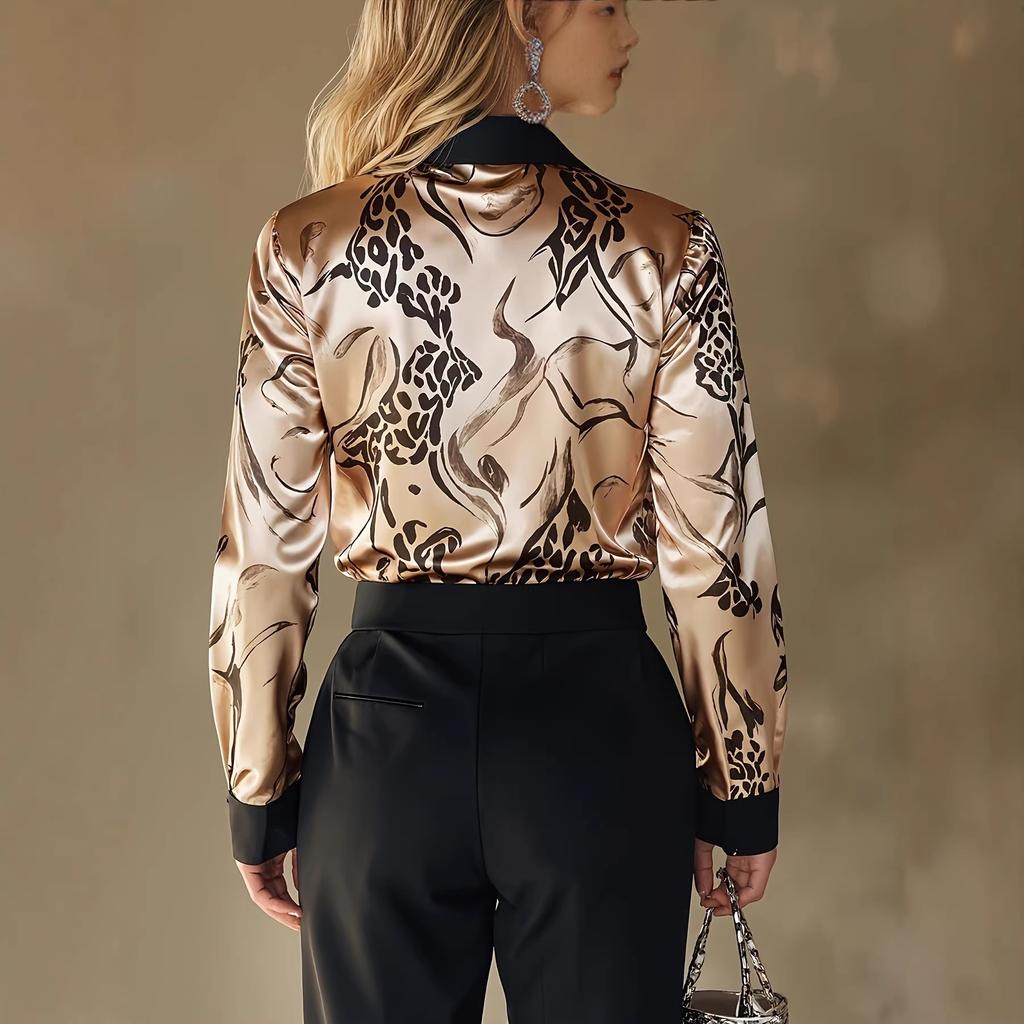 Leopard Print Blouse Womens Satin Long Sleeve Button Down Shirt Elegant V Neck Casual Tops for Work