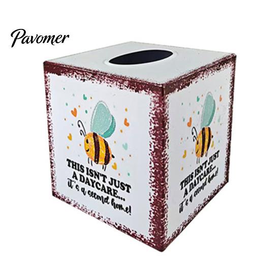 Durable Waterproof Tissue Container Iron Art Square Box, Bee And Bird Watercolor Print Farmhouse Style Paper Napkin Case Holder, Pastoral Decorative