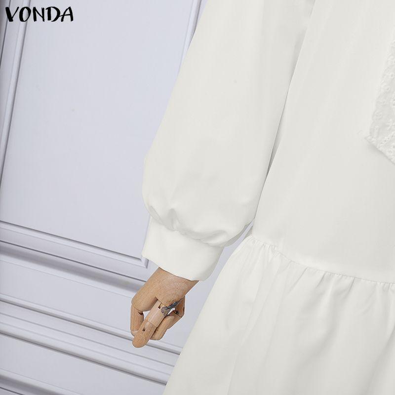 VONDA Elegant Women V Neck Long Sleeve Lace Bow Knot Ruffled Shirts Dress